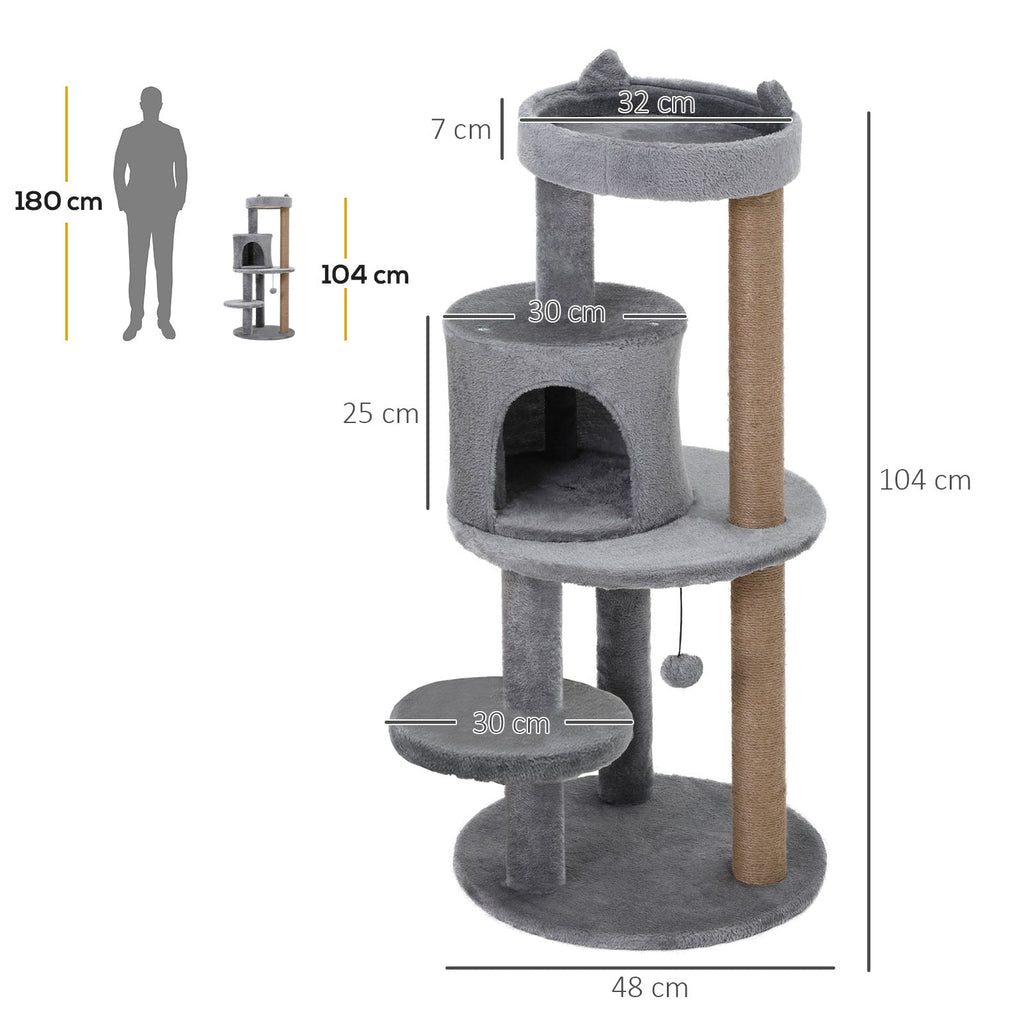3-Tier 104 cm Cat Tree, Cat Condo Tree Tower, Deluxe Cat Activity Tree w/ Scratching Posts Play Ball Plush Fun Toy Relax Climb, Grey
