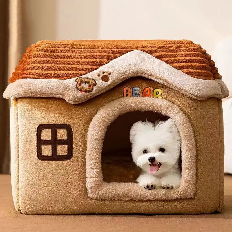 NNEOBA Foldable Soft Pet House And Bed Detachable Cave-Style Nest Brown