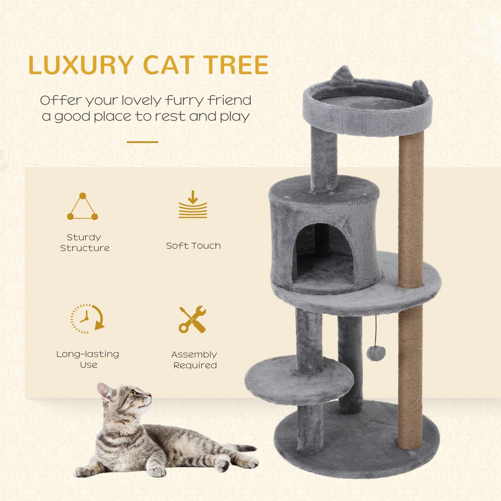 3-Tier 104 cm Cat Tree, Cat Condo Tree Tower, Deluxe Cat Activity Tree w/ Scratching Posts Play Ball Plush Fun Toy Relax Climb, Grey