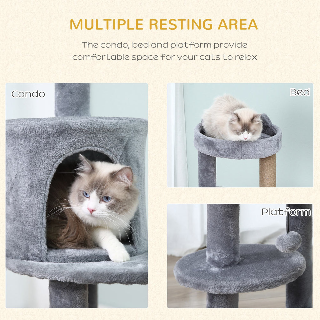 3-Tier 104 cm Cat Tree, Cat Condo Tree Tower, Deluxe Cat Activity Tree w/ Scratching Posts Play Ball Plush Fun Toy Relax Climb, Grey